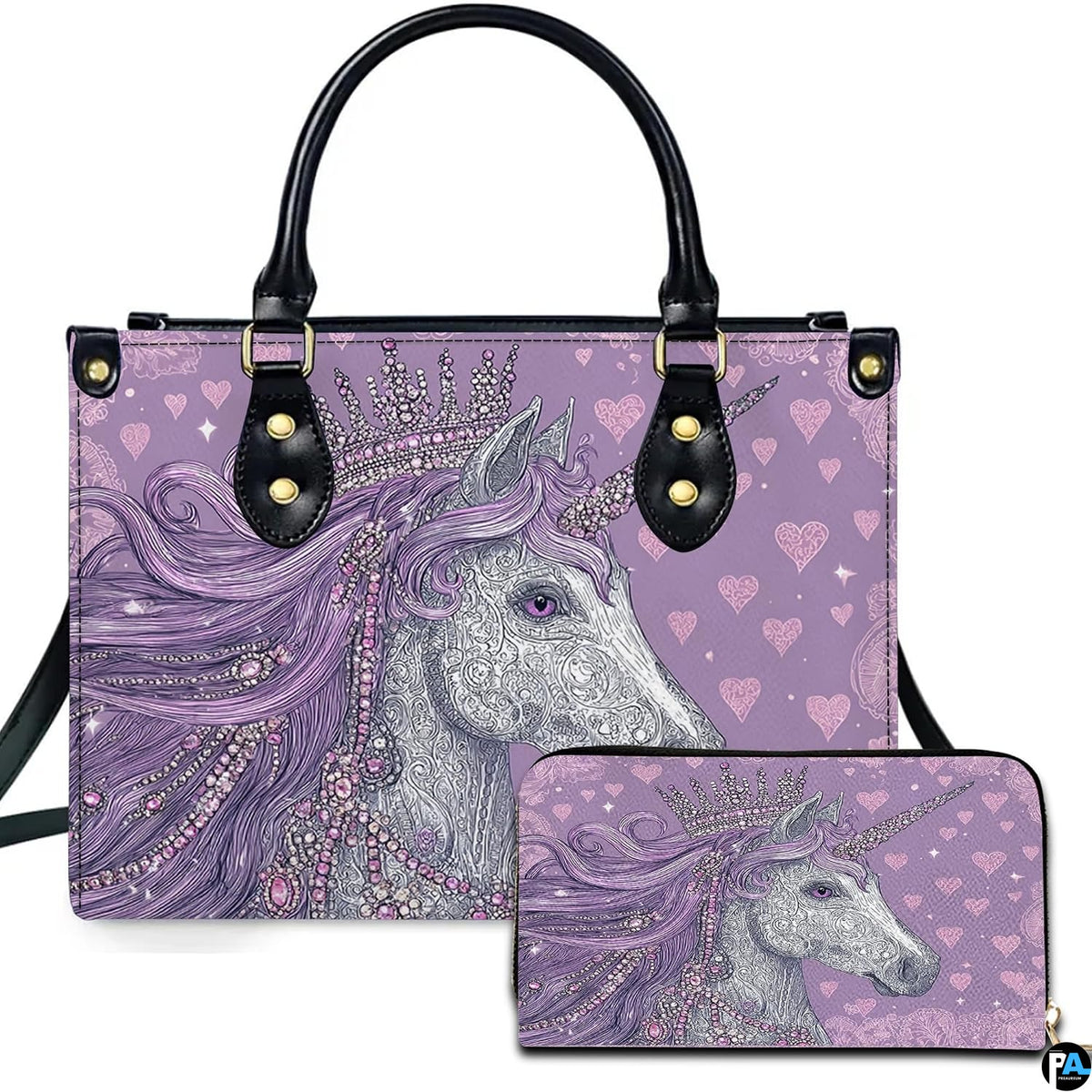 Lavender tiara unicorn handbag and matching wallet set featuring crowned unicorn and filigree hearts.