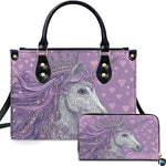 Lavender tiara unicorn handbag and matching wallet set featuring crowned unicorn and filigree hearts.