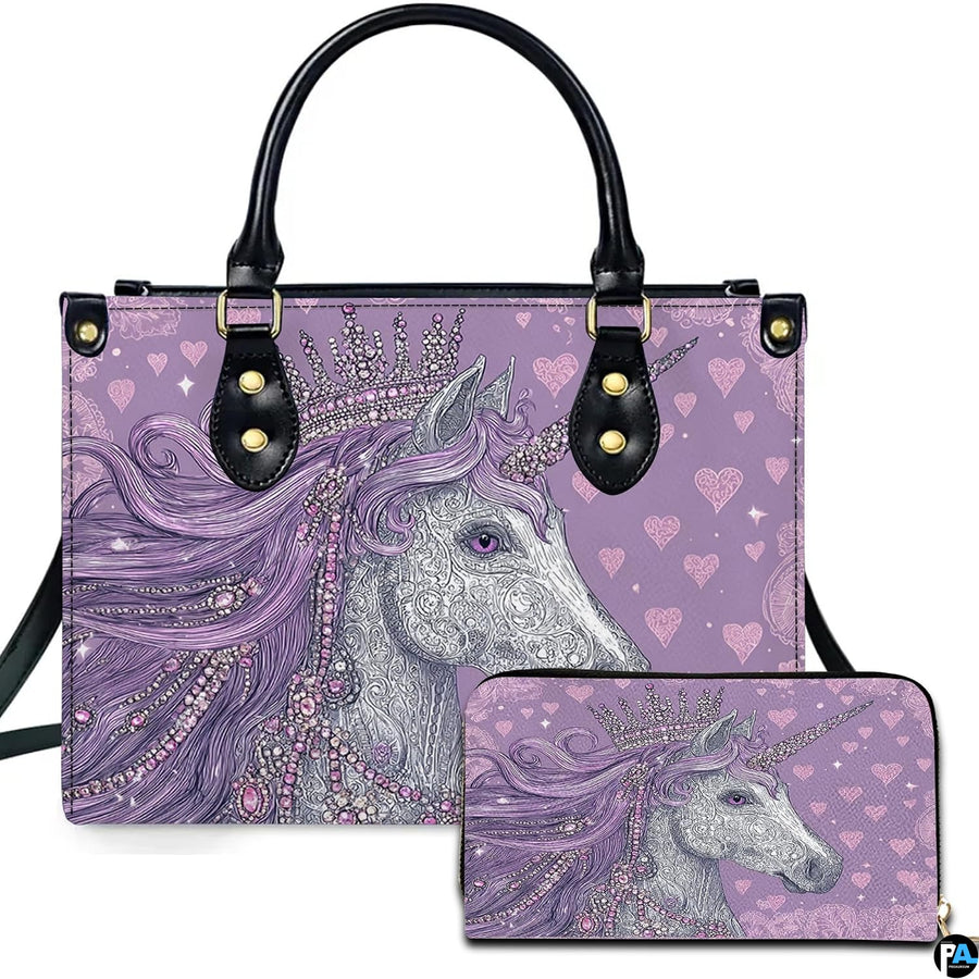 Lavender tiara unicorn handbag and matching wallet set featuring crowned unicorn and filigree hearts.