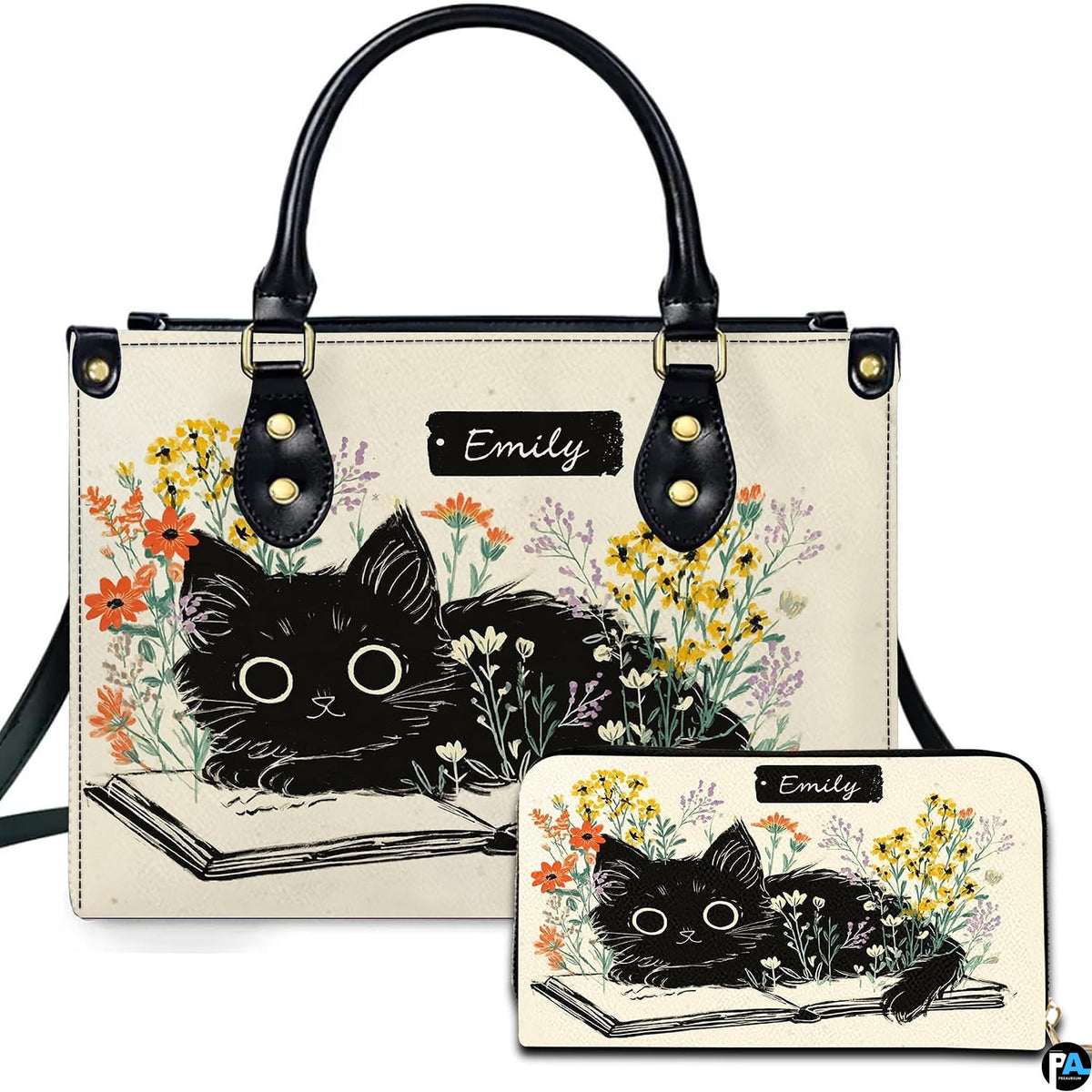 Front view of literary black kitten on open book handbag and matching wallet set with wildflowers