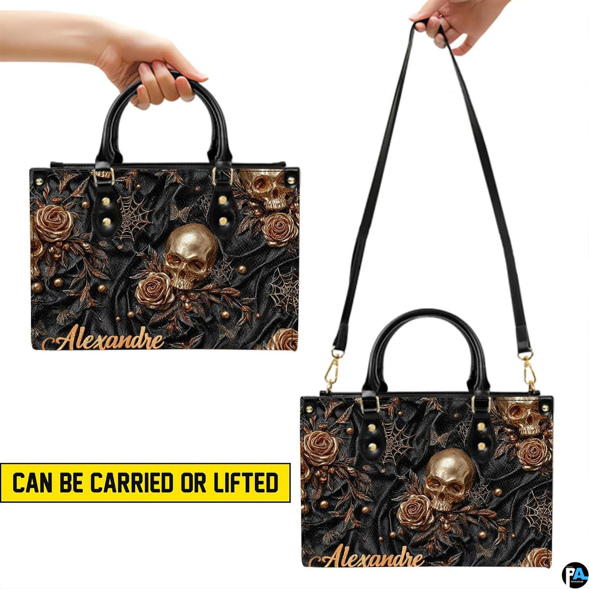 Golden skull handbag carrying demonstration showing top handle and shoulder strap carry.