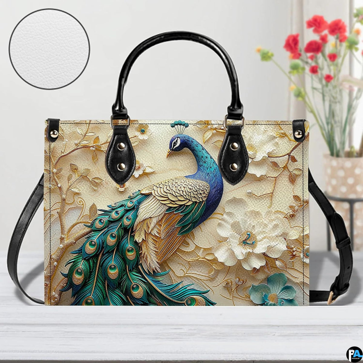 Front view of peacock floral design handbag with long strap