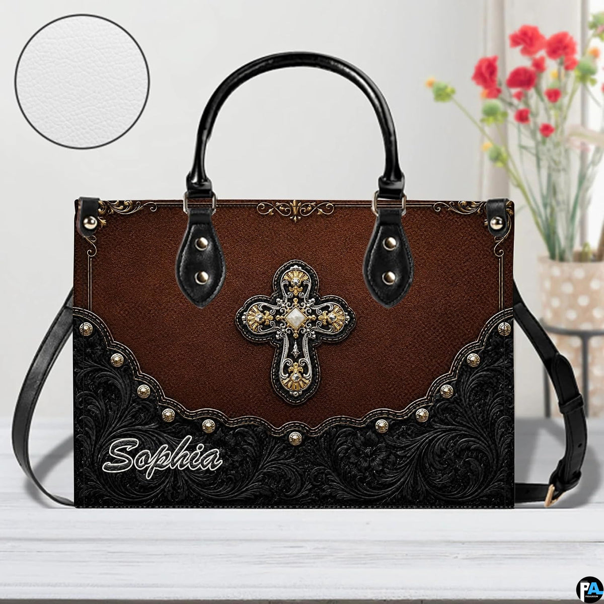 Top angle view displaying carrying handles and main zippered opening of cross handbag.