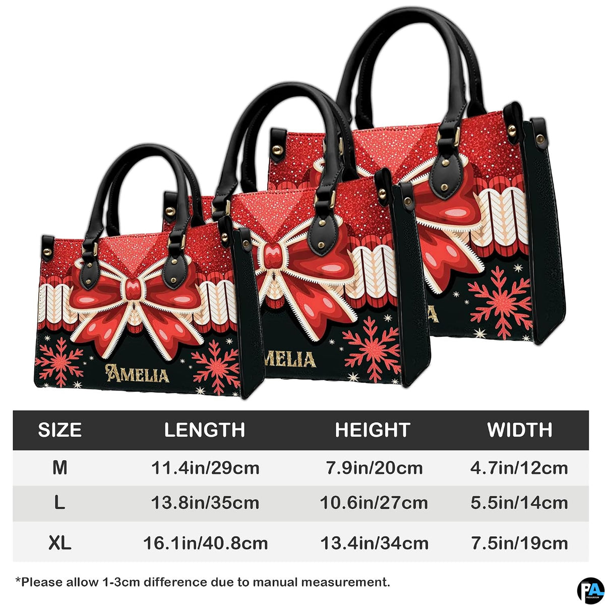 Interior compartment view of Christmas bow handbag showing open storage layout.