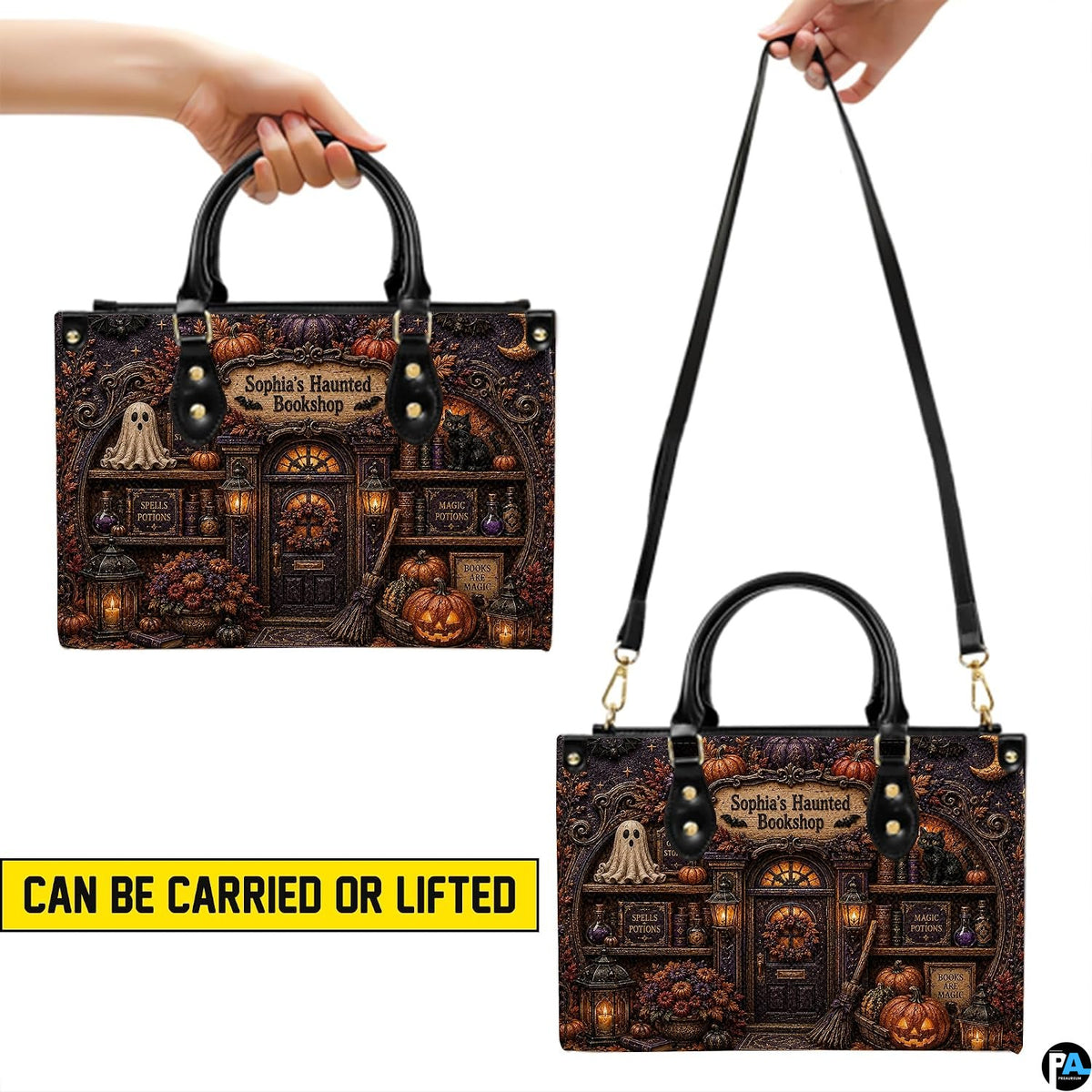 Visual demonstration showing handheld and over-the-shoulder styling options for the accessory.