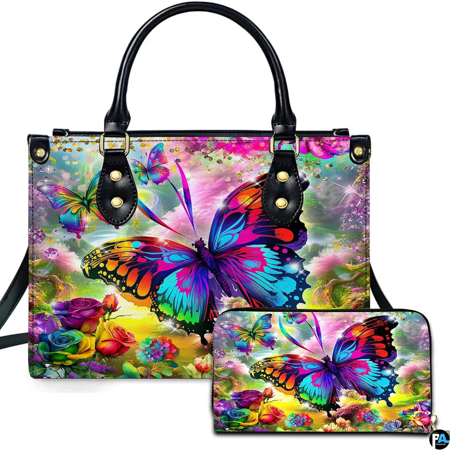 Personalized Butterfly Leather Handbag – Gothic Moon Bag with Adjustable Strap and Matching Witchcore Purse for Women