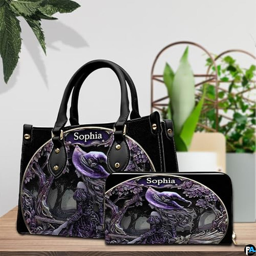 Personalized Halloween Leather Handbag – Custom Witch 3D Printing Effect Purses For Women – Spooky Gothic Shoulder Bag
