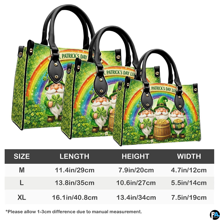 Measurement chart with three leprechaun rainbow handbags