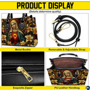 Infographic displaying handbag hardware, adjustable shoulder strap, zipper pull, and interior