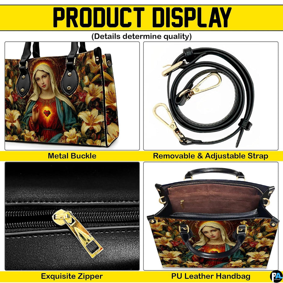 Infographic displaying handbag hardware, adjustable shoulder strap, zipper pull, and interior