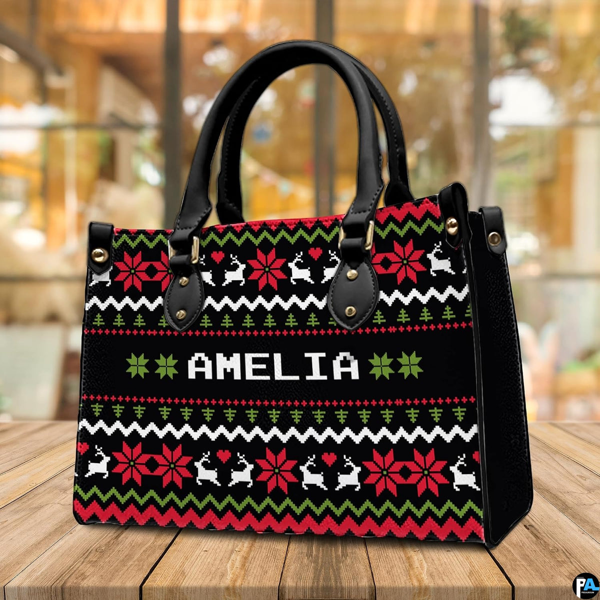 Measurement chart indicating product dimensions for ugly sweater holiday handbag.