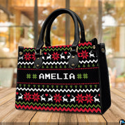 Measurement chart indicating product dimensions for ugly sweater holiday handbag.