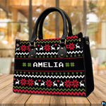Measurement chart indicating product dimensions for ugly sweater holiday handbag.