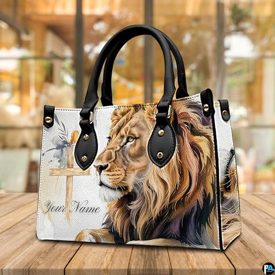 Personalized Lion Cross Watercolor Handbag for Faith Gift