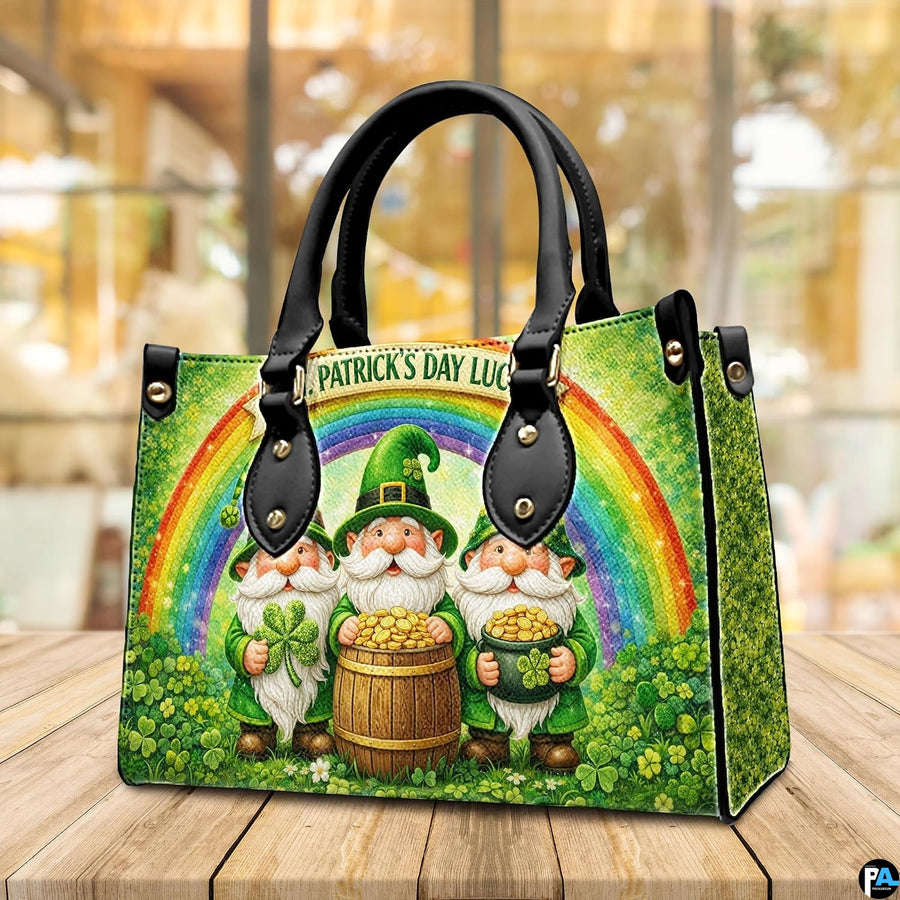 Angled leprechaun rainbow handbag with clovers and golden coins
