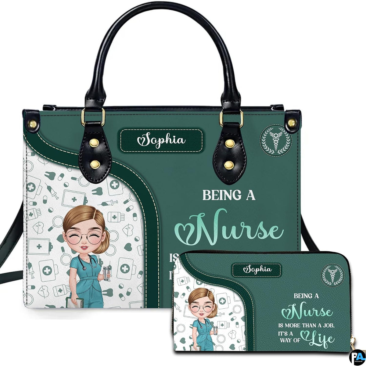 Front view of green nurse handbag featuring illustrated medical professional and caduceus wreath emblem