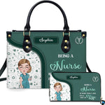 Front view of green nurse handbag featuring illustrated medical professional and caduceus wreath emblem