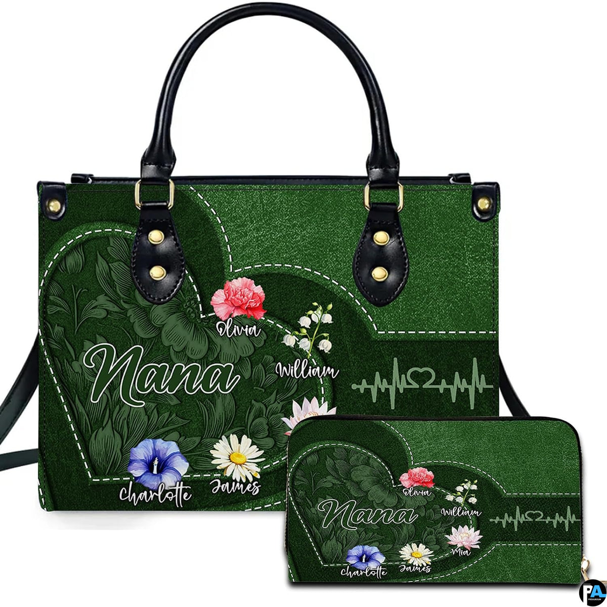 Emerald botanical heart handbag and matching zip wallet shown against studio background with floral artwork.