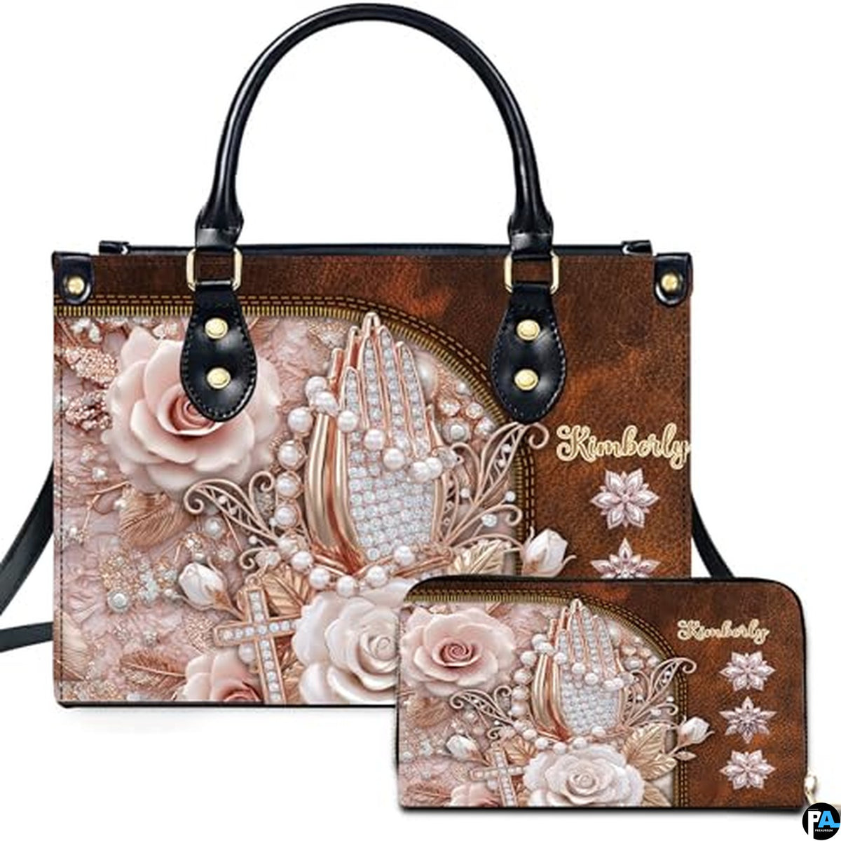 Custom Religious Praying Hands Rose Handbag for Christian Women