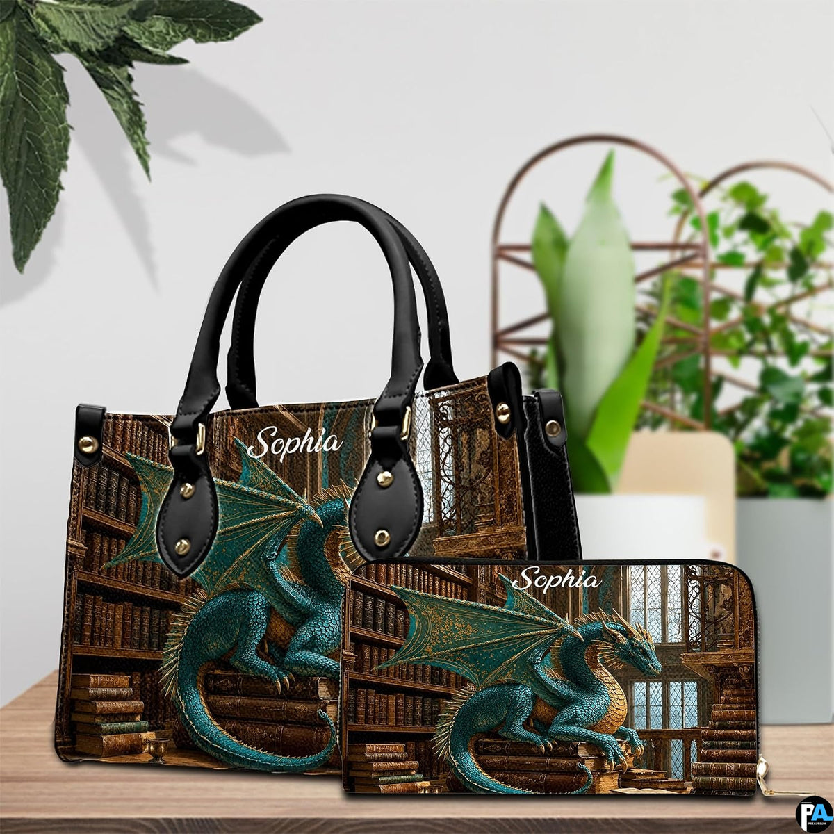 Side profile of guardian dragon handbag showing clean seams and dark wooden library pattern