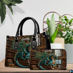 Side profile of guardian dragon handbag showing clean seams and dark wooden library pattern
