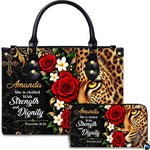 Christian scripture leopard rose handbag and matching wallet set on white background.