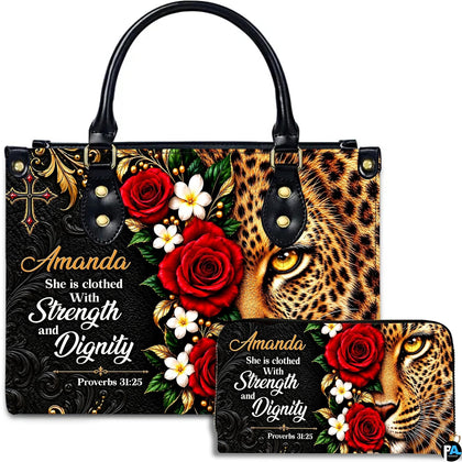 Christian scripture leopard rose handbag and matching wallet set on white background.