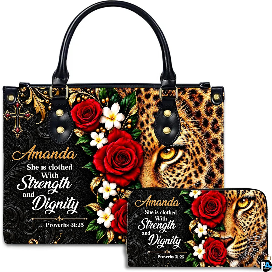 Christian scripture leopard rose handbag and matching wallet set on white background.
