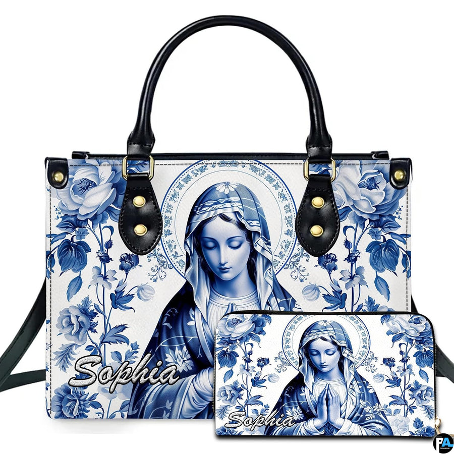 Cobalt blue and white porcelain style Virgin Mary artwork on handbag with matching wallet