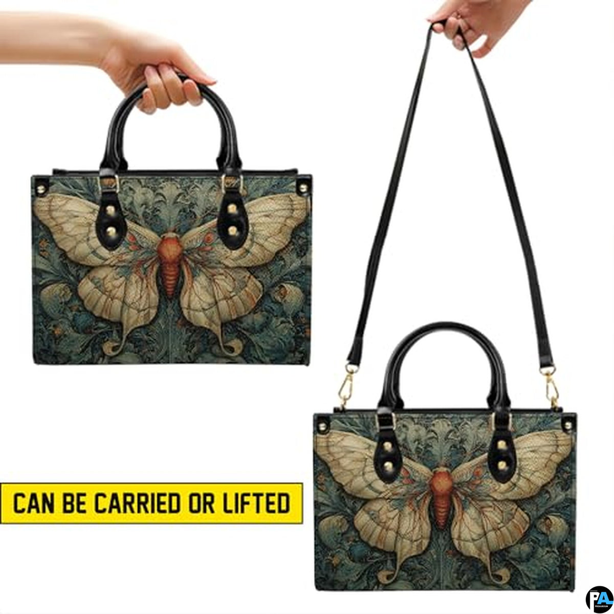 Personalized Butterfly Leather Handbag – Gothic Moon Bag with Adjustable Strap and Matching Witchcore Purse for Women