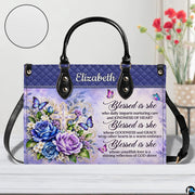 Floral cross handbag on white table beside floral bouquet with texture swatch inset.