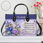Floral cross handbag on white table beside floral bouquet with texture swatch inset.