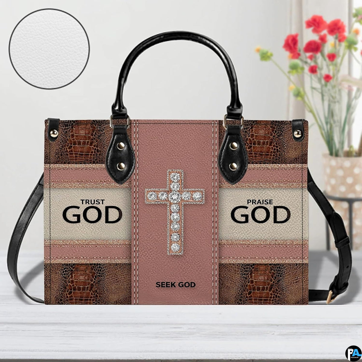 Front view of faith crystal cross handbag showing blush mauve panel and crocodile textures.