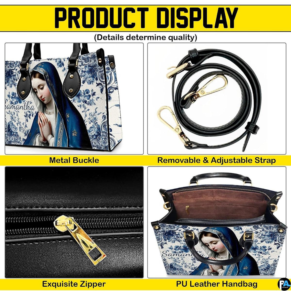 Feature infocard showing hardware attachments, zipper, and interior compartment.