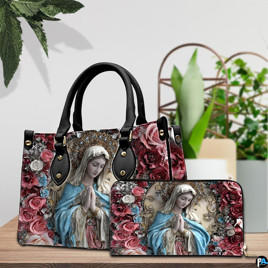 Pair arrangement of the praying Virgin Mary floral print set beside indoor green foliage.
