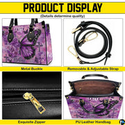 Matching purple zip wallet featuring floral butterfly wing and cross details.