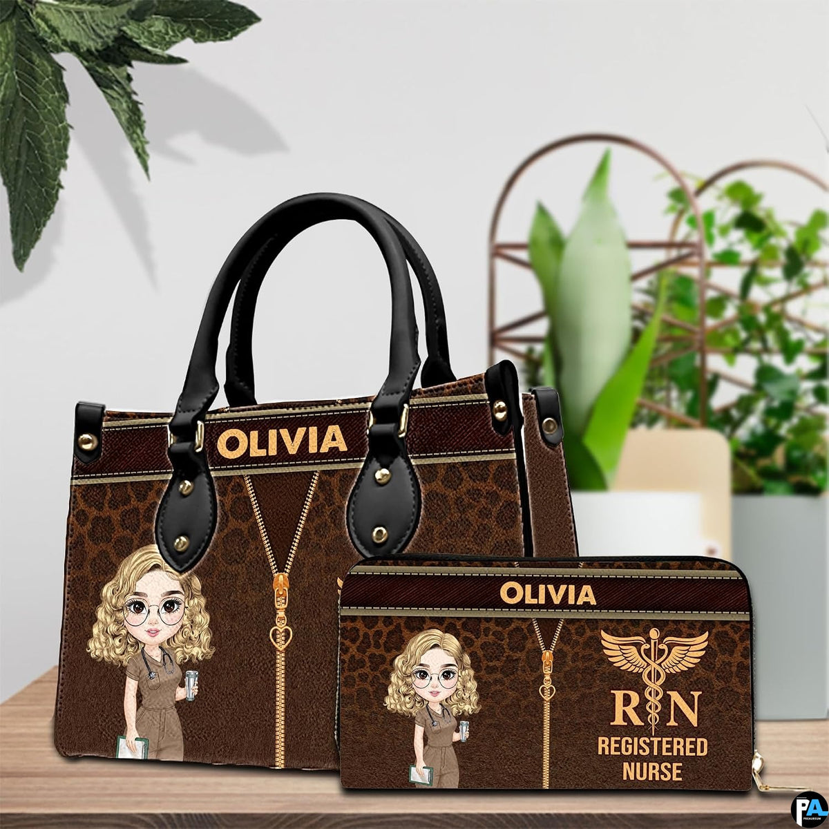 Chibi blonde nurse leopard handbag and matching wallet set displayed on tabletop beside greenery.