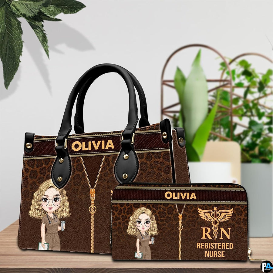 Chibi blonde nurse leopard handbag and matching wallet set displayed on tabletop beside greenery.