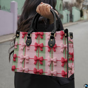 Street lifestyle view of pink and sage gingham check item with ribbon bows held in hand