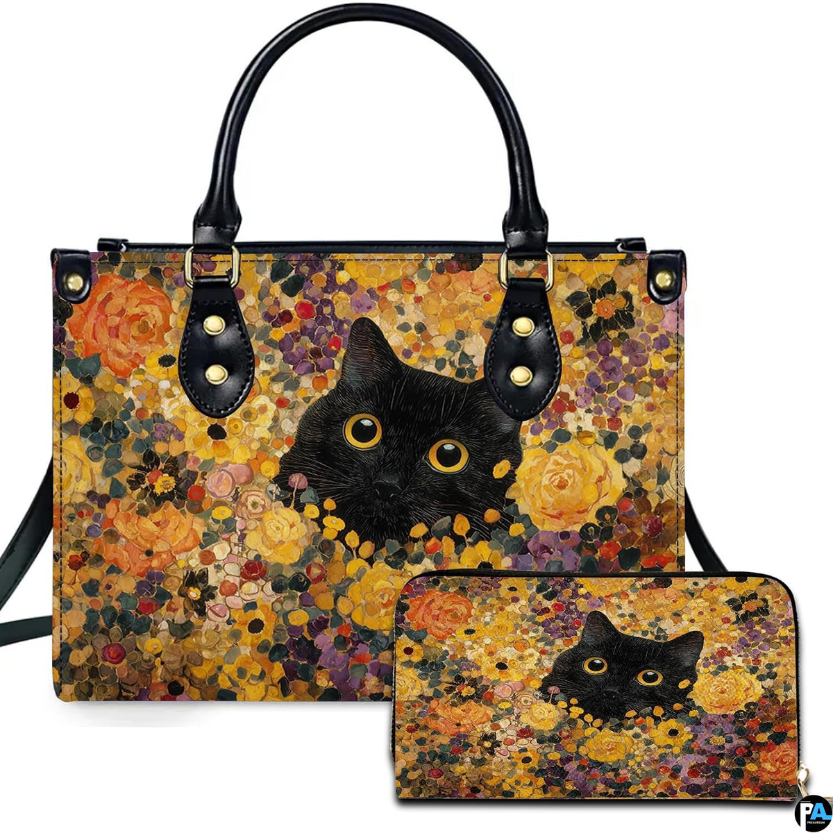 Studio presentation of black cat Gustav Klimt floral art beside matching companion accessory.