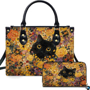 Studio presentation of black cat Gustav Klimt floral art beside matching companion accessory.