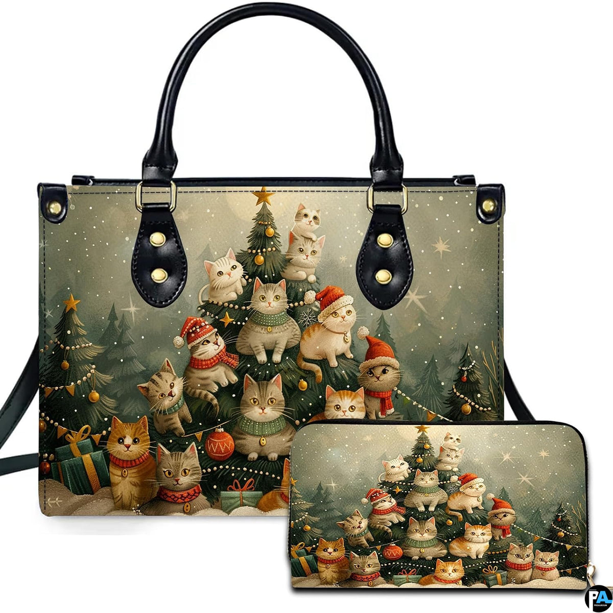 Front view of structured silhouette and matching accessory showcasing playful kittens perched on a Christmas tree.