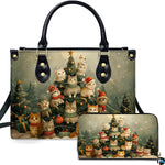 Front view of structured silhouette and matching accessory showcasing playful kittens perched on a Christmas tree.