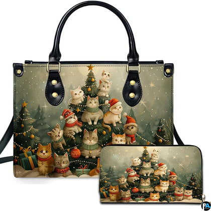 Front view of structured silhouette and matching accessory showcasing playful kittens perched on a Christmas tree.