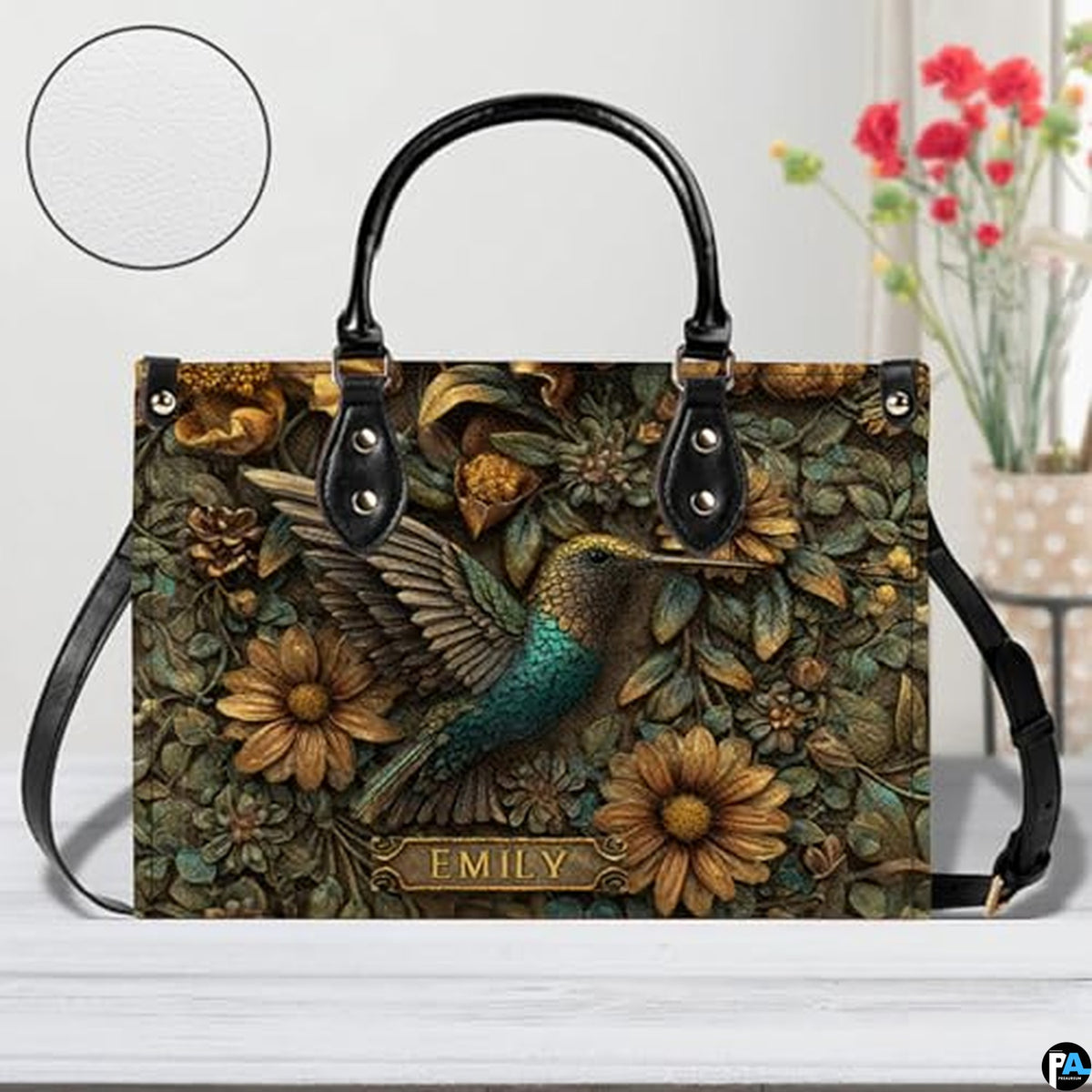 Personalized Animal Leather Handbag – Custom Name Flowers with 2D Print with 3D Effect – Gift for Gramma, Mom, Daughter