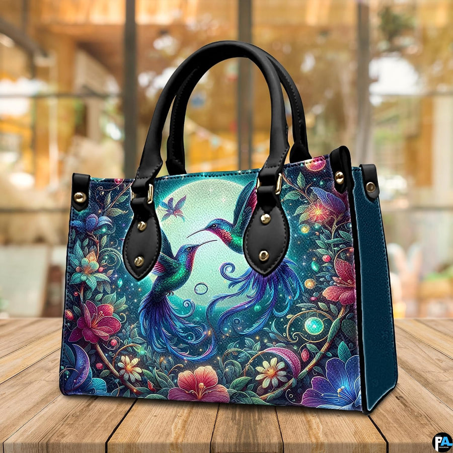 Handbag standing upright on wooden tabletop in softly lit indoor room.