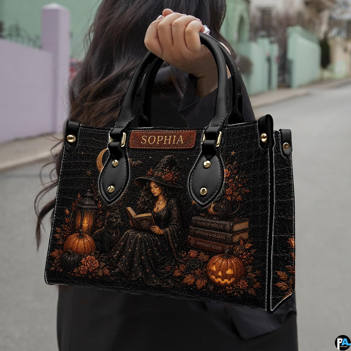 Outdoor lifestyle perspective showcasing witchy halloween art accessory held against paved street environment.