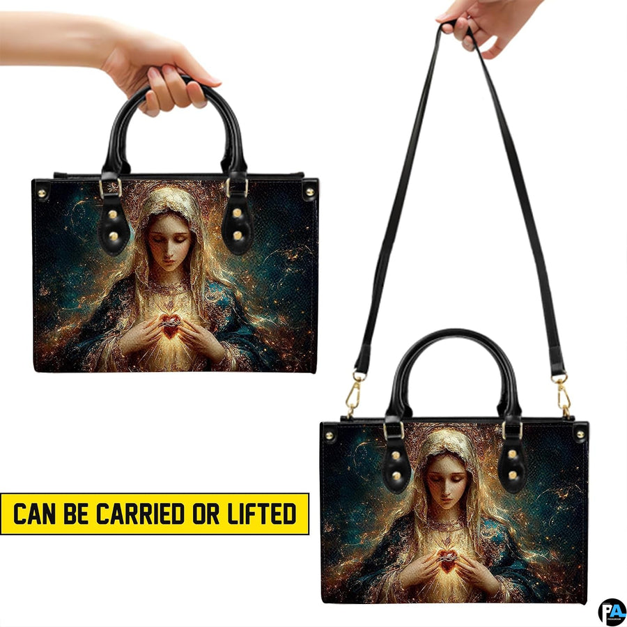 Carrying option demonstration for Immaculate Heart of Mary handbag.