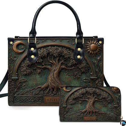 Tree of life handbag and matching wallet with moon, sun and knotwork artwork