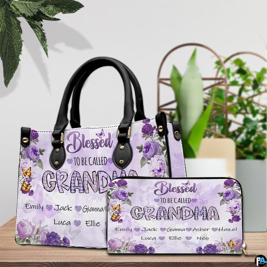 Alternative view emphasizing dark handle anchors and crisp violet floral print.